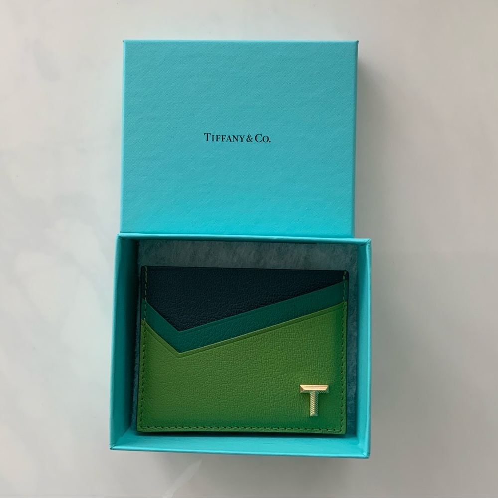 Tiffany & Co. Green, Teal and Navy Leather Cardholder with Gold T Accent - Picture 3 of 4